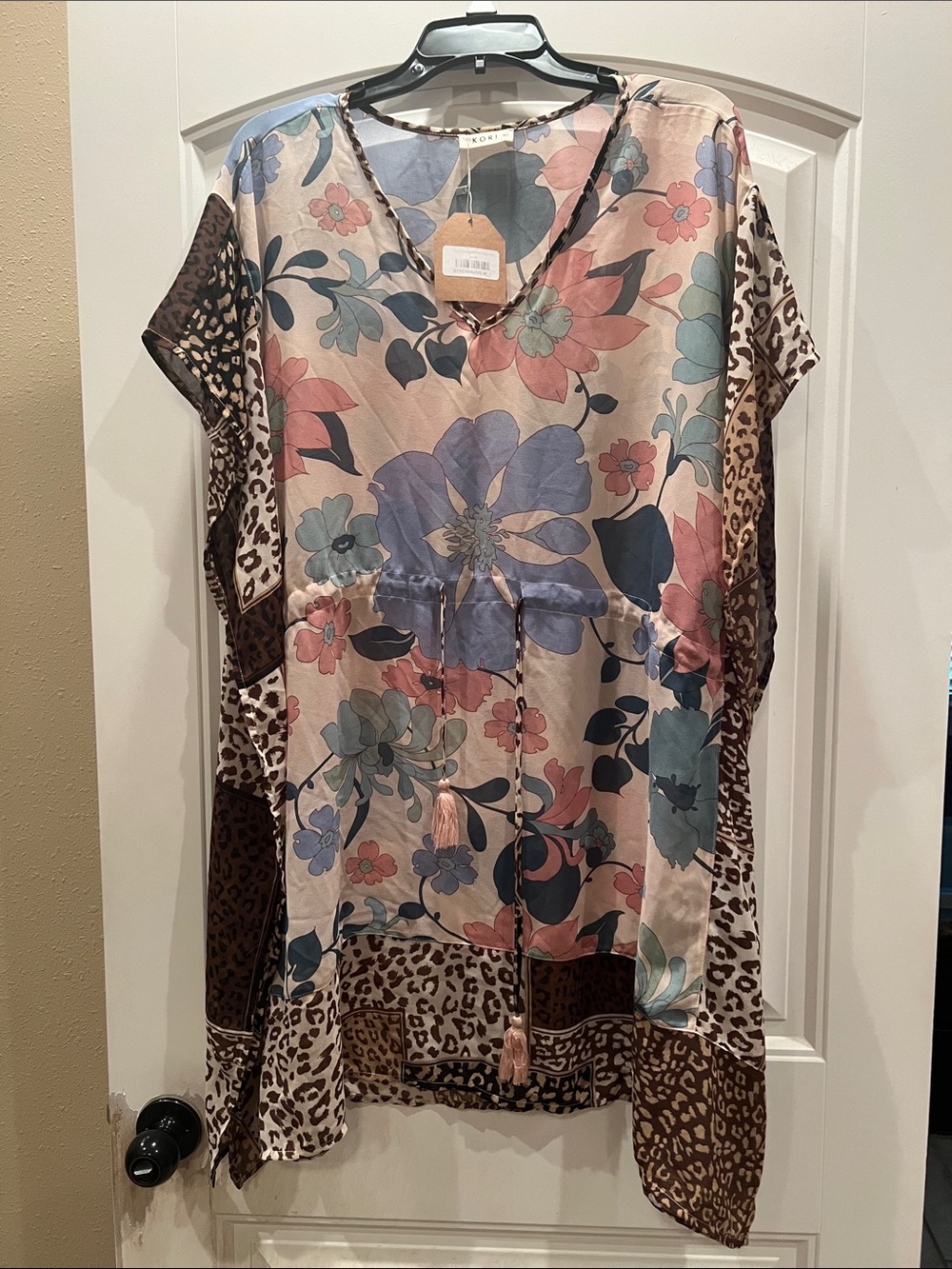 Kori Floral & Leopard V-Neck Coverup - Blue, Pink, Brown